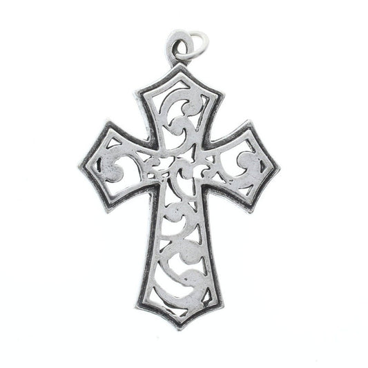 Silver Filigree Cross Pendant on black cord, 55x37mm (2.17x1.45in), each