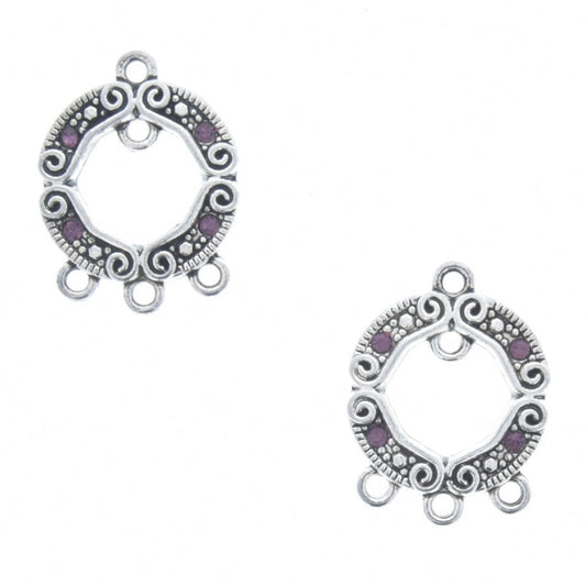 Swarovski connector charm set, round, amethyst stones in antique silver, pair of 2