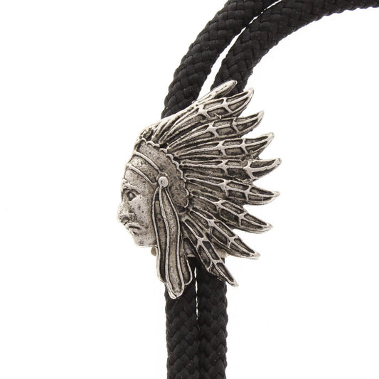 Native American Indian Warrior Chief Bolo Tie, antique silver or gold, 38mm pendant on 36" black, red or turquoise cord, Made in USA, Each