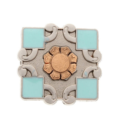 Turquoise Concho with Milagro Cross and copper flower, enamel on silver, Chicago screw back, Each