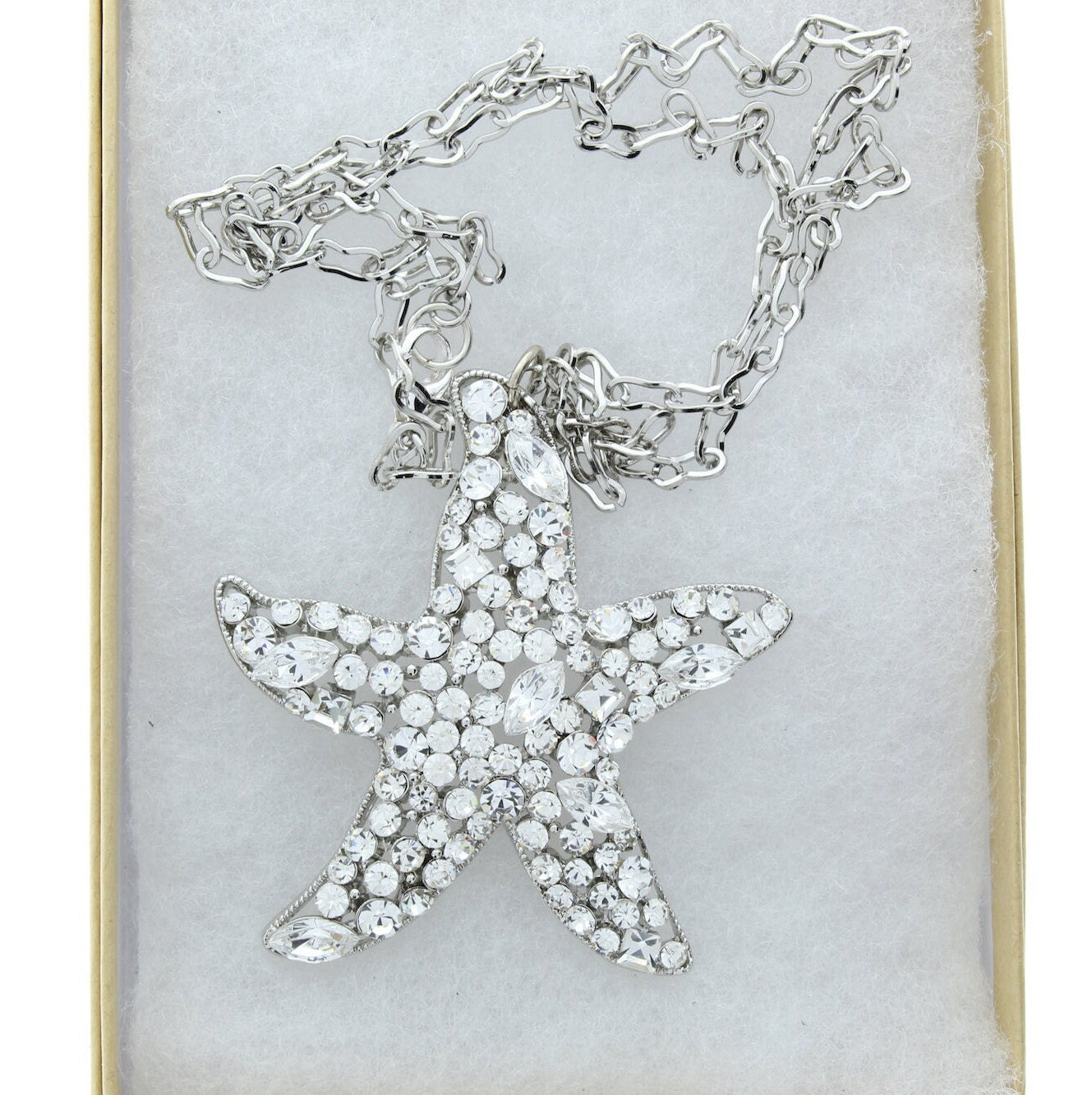 Starfish Crystal Necklace, 66mm (2.6in), Clear or Pink Crystal, 18" or 24" silver chain, gift box, each