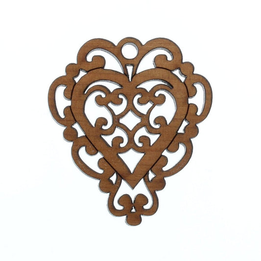 Gothic Filigree Heart Pendant, 2 inch x 1.5 inch, Cherry Wood, Each