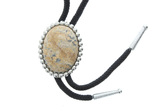 40mm Dolomite Natural Stone Bolo Tie, oval cabochon in silver setting with matching tips, 36" Black cord, made in USA, Each