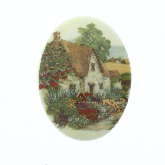 40mm "English Cottage with Thatch Roof" Cameo Cabochon, Vintage German Litho, flat back, pack of 3