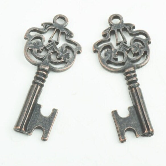 39mm Key Charm, filigree top, Copper antique finish, cast zinc, Made in USA, pack of 6