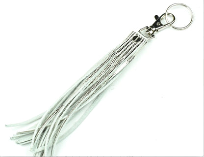 Leather Tassel Keychain, Turquoise or Silver Metallic Reptile, 8 inch fringe, handmade in USA, each