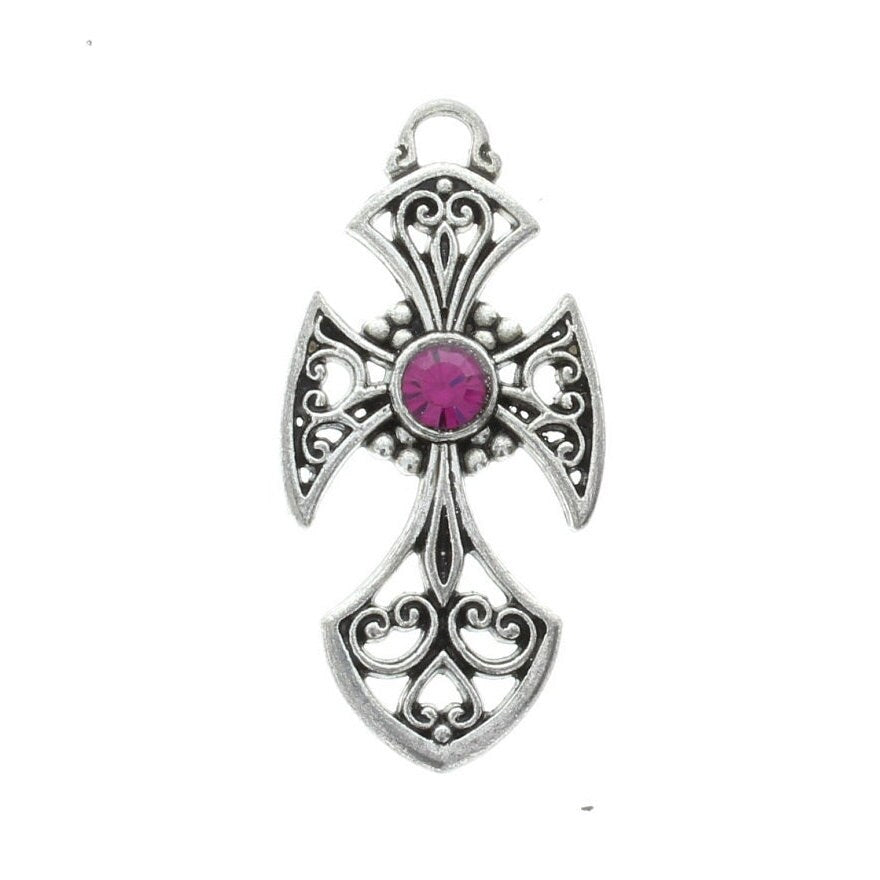 Filigree Cross Charm or Pendant, with Swarovski Crystal, 36x20mm Double-sided Cross, Light Siam Red, 5mm, each