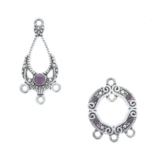 Swarovski Chandelier Earring Charm Set, amethyst crystal in antique silver marcasite style, Round or Tear Drop Shape, 1 Pair