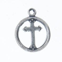 12mm Round Cross Charm in circle, Classic Silver, Made in USA, Pack of 6