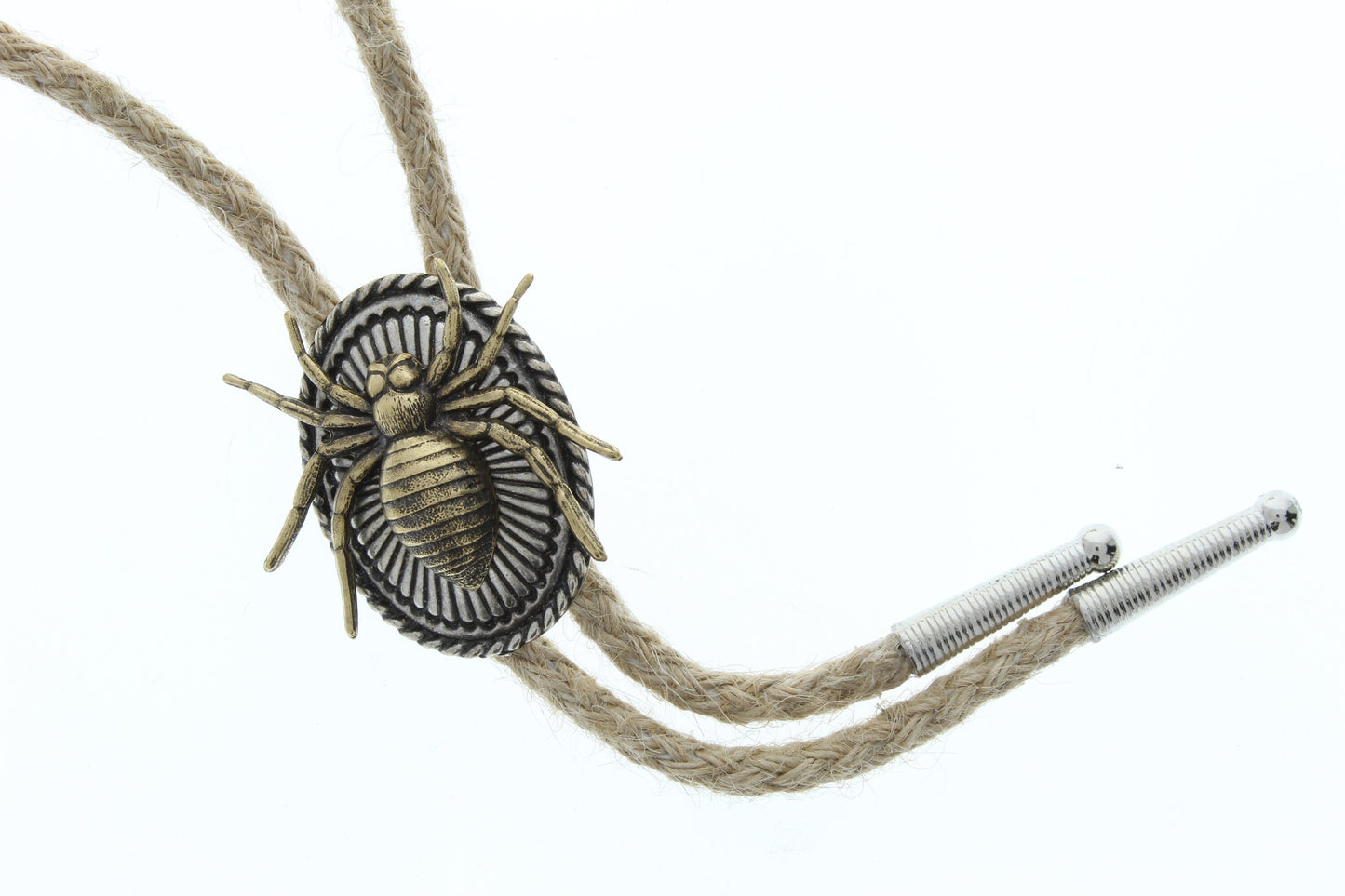 Spider Bolo Tie, antique gold and silver, 36" black, red, jute, or turquoise cord, made in USA, Each