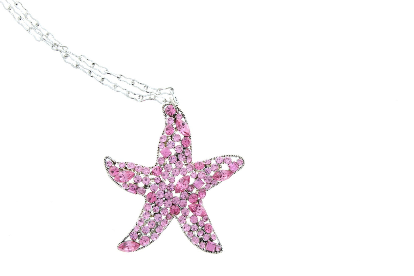 Starfish Crystal Necklace, 66mm (2.6in), Clear or Pink Crystal, 18" or 24" silver chain, gift box, each