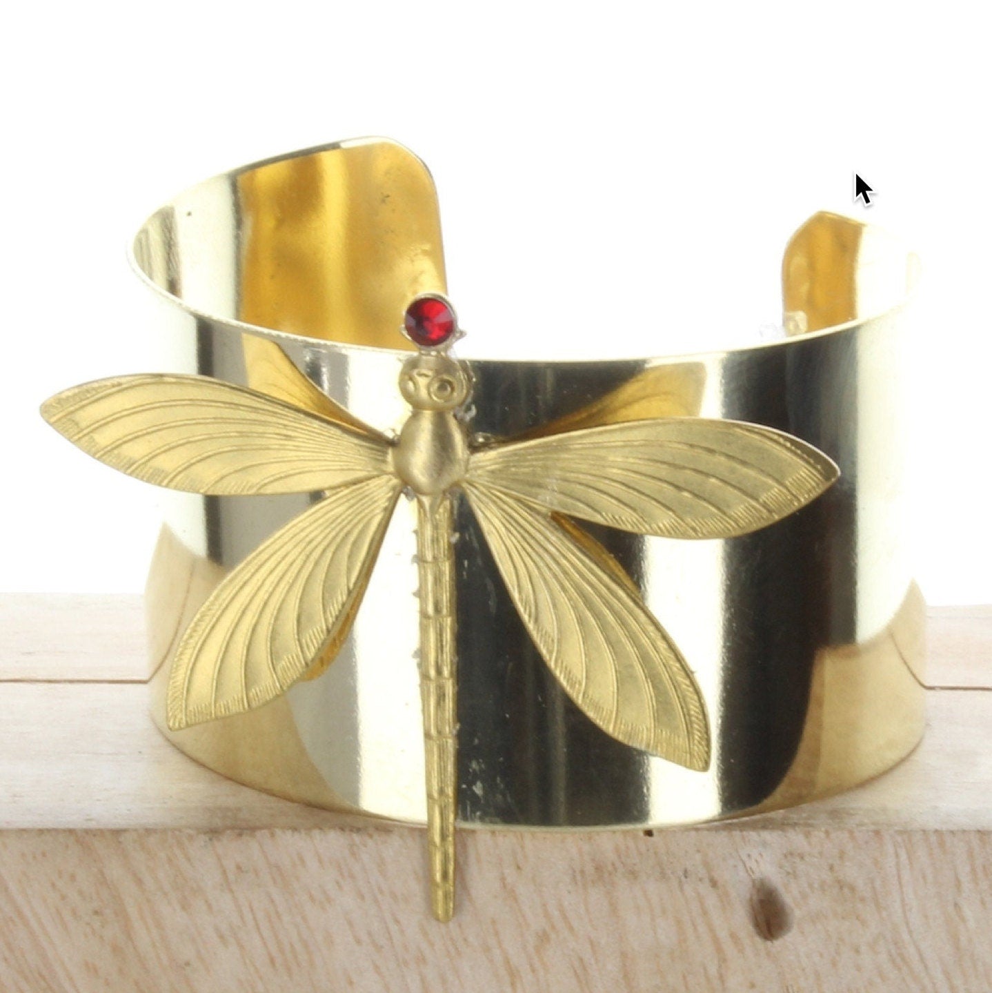 Dragonfly Cuff Bracelet, in fabric gift bag, 1.5" wide, gold brass, HandMade in USA, Each