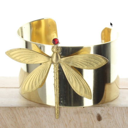 Dragonfly Cuff Bracelet, in fabric gift bag, 1.5" wide, gold brass, HandMade in USA, Each