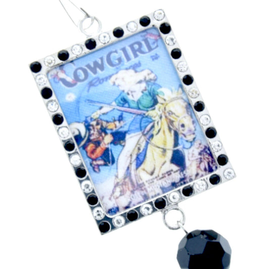Vintage Art Ride 'em Cowgirl Pendant, Silver Rectangle, Black Crystal or Black and White Crystal, 46mm x 36mm, Pack of 3