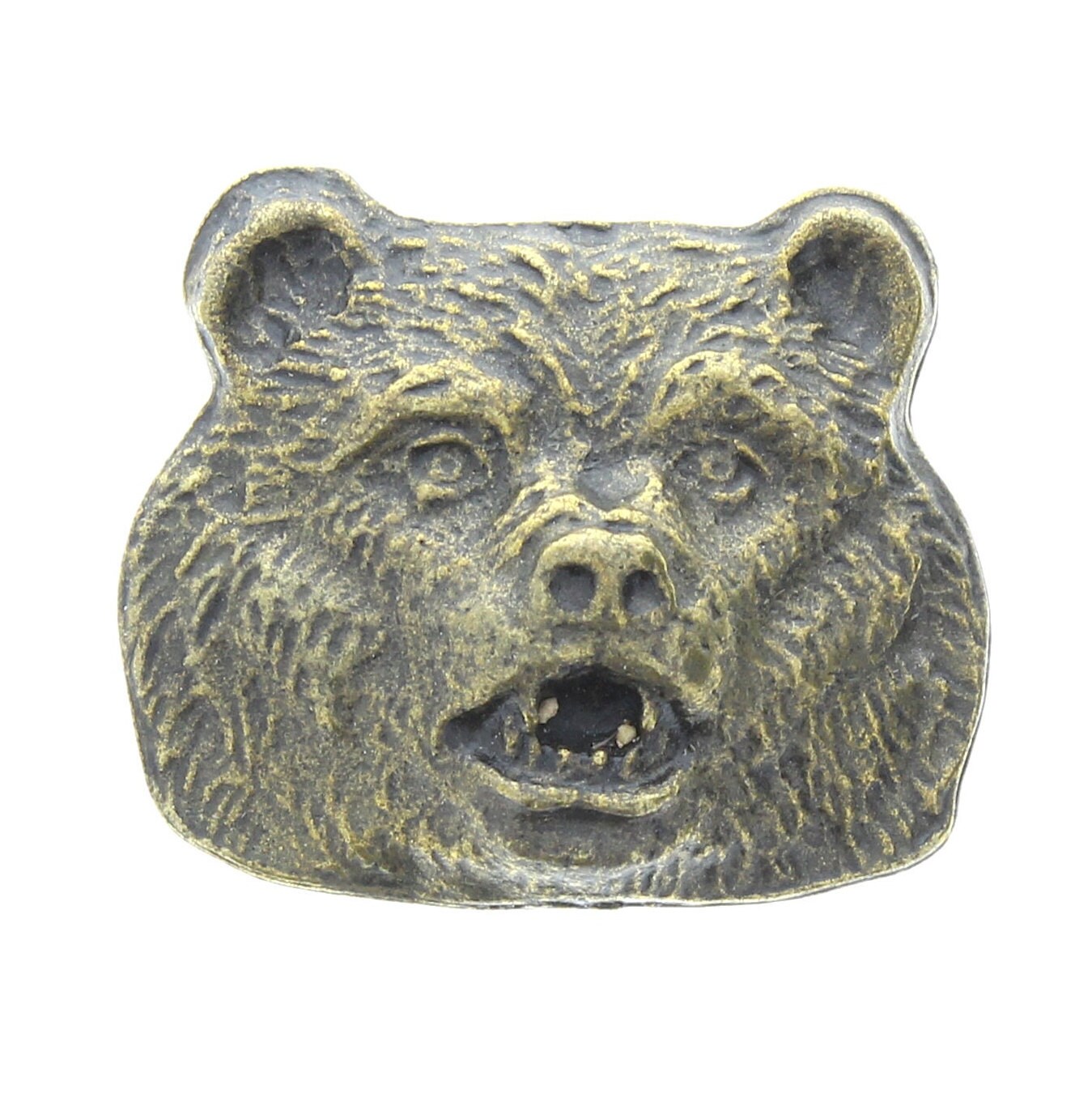 28mm Grizzly, Kodiak, Black or Brown Friendly Bear Head with immaculate detail, antique gold finish over zinc,  Made in USA, Each