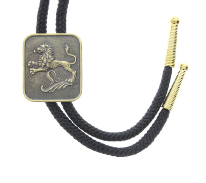 Lion Leo Bolo Tie in antique gold with matching tips. Choose jute, black, red, turquoise, or olive green 36" cord, made in USA, Each