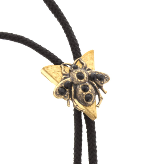 Honey Bee or Mason Bee Bolo Tie, in Gift Bag, with Black, Clear or Pink Crystals, Antique Gold on 36" Woven cord, Made in USA, Each