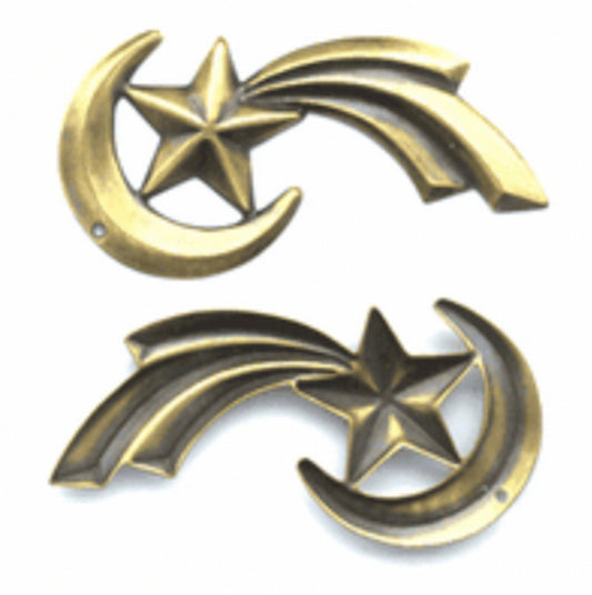 52mm Vintage Shooting Star Half Moon Charm, antique gold, Made in USA, pack of 6