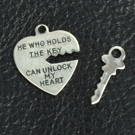 Heart with a Key Charm Set, classic silver or antique gold, Made in USA, pack of 6