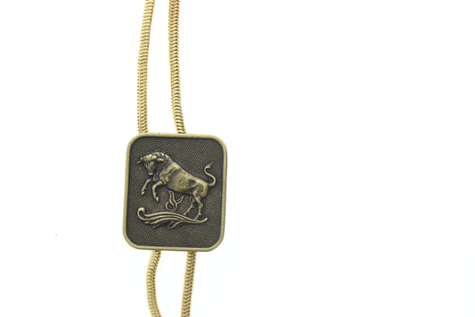 Taurus Bull or Scorpio Scorpion Bolo Tie with metal tips, on 36" gold wire mesh cord or black woven cord, made in USA, Each