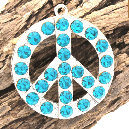 50mm Peace Sign Crystal Pendant, 2" silver setting with Turquoise, Red, Peridot Green or Crystal AB 6mm Austrian Crystals, Each. G2045