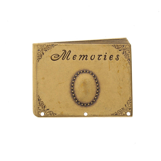 Vintage Scrapbook Memories Album Stamping w/3 holes, for pin, brooch, charm, 48x38mm, classic silver or antique gold, Made in USA, pack of 6