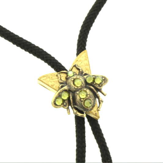 Honey or Mason Bee Bolo Tie, in Gift Bag, Amber or Peridot Green Crystals, 36" black, green or red cord, antique gold, handmade in USA, Each