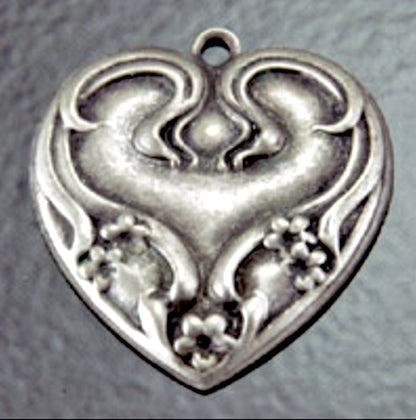 31mm Vintage Flower Heart Charm, Antique Silver, Made in USA, pack of 6