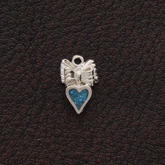 Bow Heart Turquoise Mosaic Inlay Charm, 15mm, Vintage, Silver, made in USA, Pack of 6