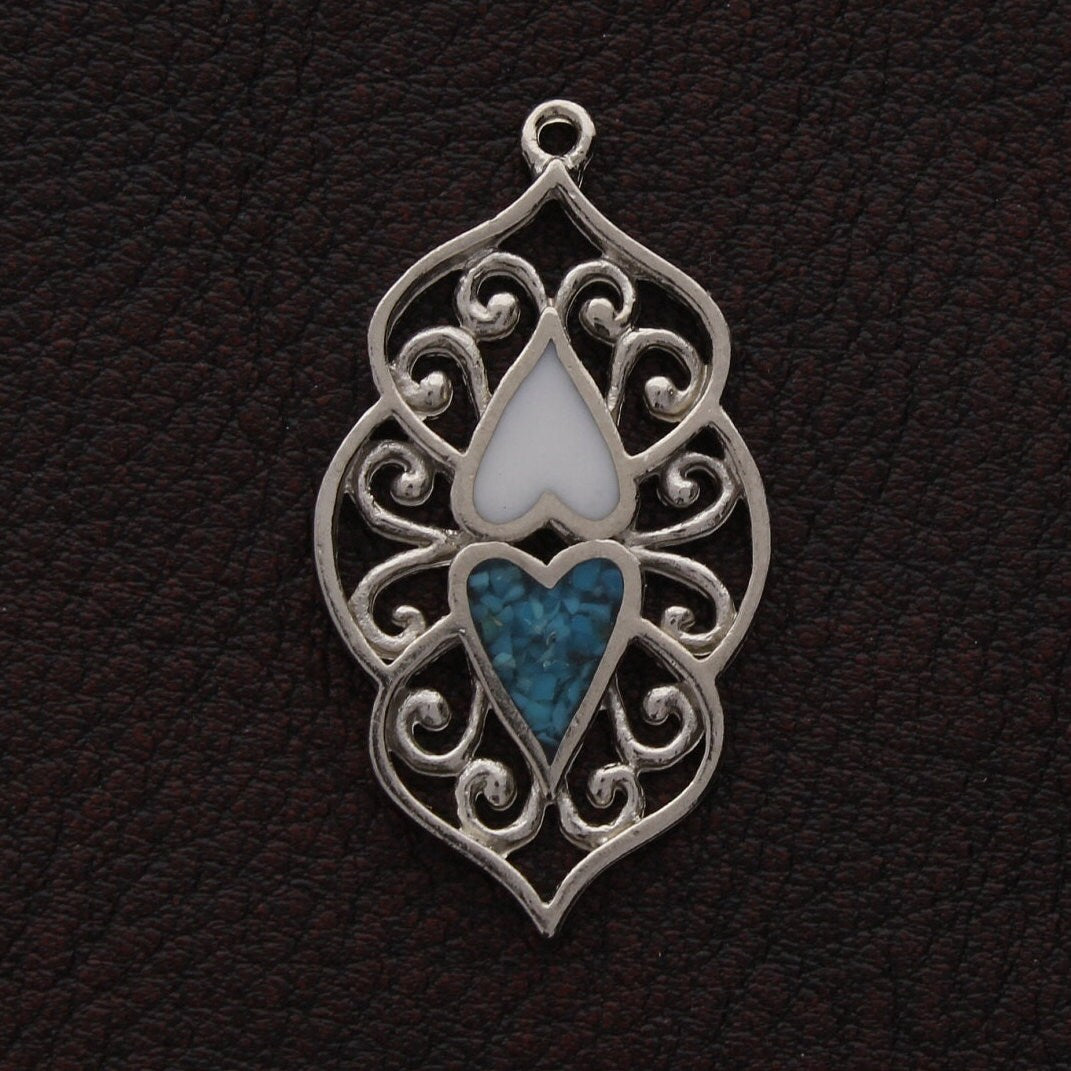 Turquoise Mosaic Inlay Pendant or Charm, 37mm, Vintage, Silver, made in USA, Each