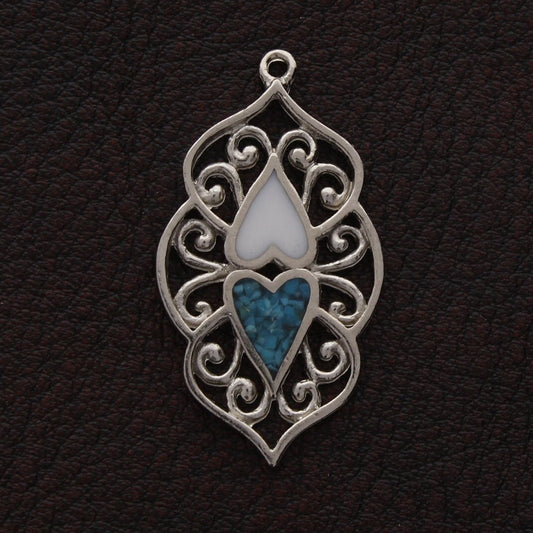 Turquoise Mosaic Inlay Pendant or Charm, 37mm, Vintage, Silver, made in USA, Each