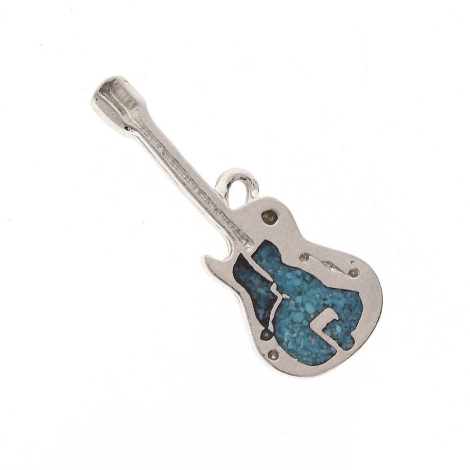 Guitar Charm Turquoise Mosaic Inlay Silver Charm, 35mm, made in USA, pack of 2