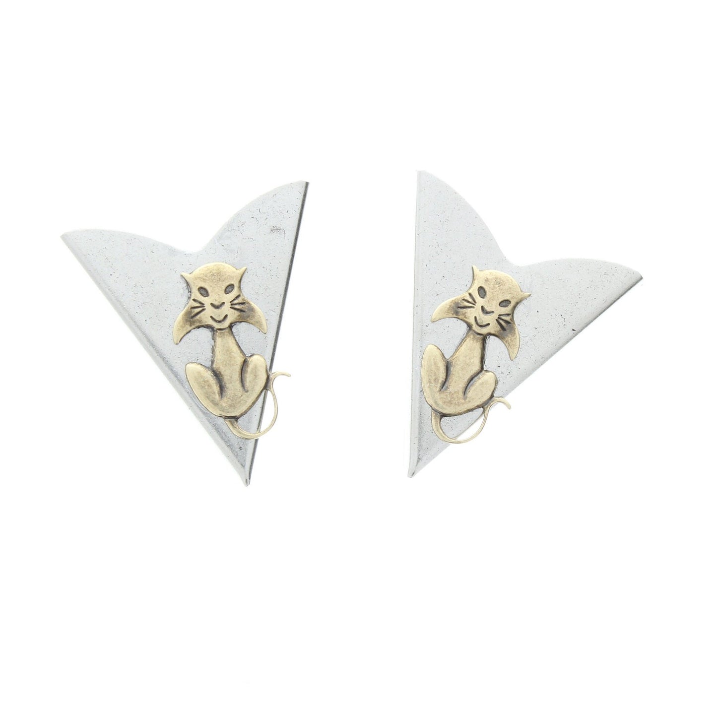 Sitting Cat Collar Tips, HandMade in USA, antique silver and antique gold, 1 pair