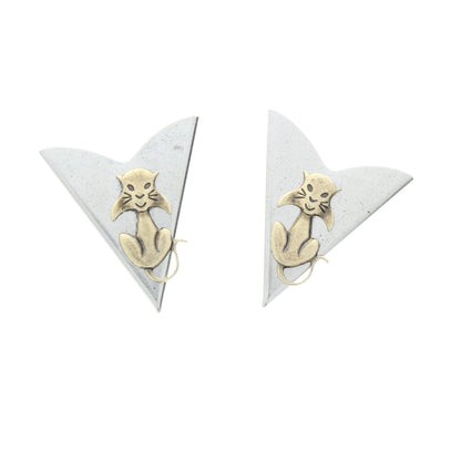 Sitting Cat Collar Tips, HandMade in USA, antique silver and antique gold, 1 pair
