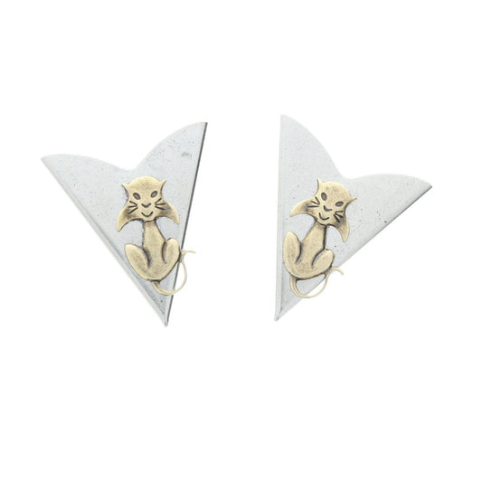 Sitting Cat Collar Tips, HandMade in USA, antique silver and antique gold, 1 pair