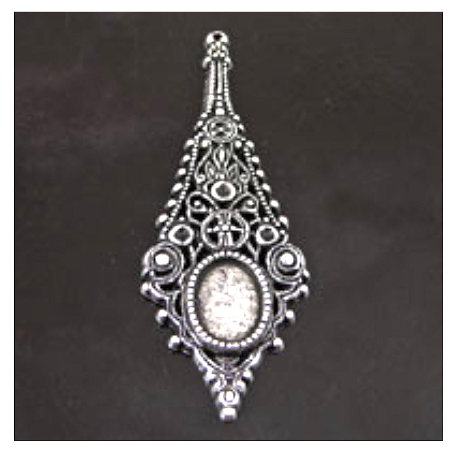 88mm Ornate Chandelier Drop Pendant with 18x13mm oval bezel, for earrings, pendants, sweater clip, Flat Back, Antique Silver, pack of 3
