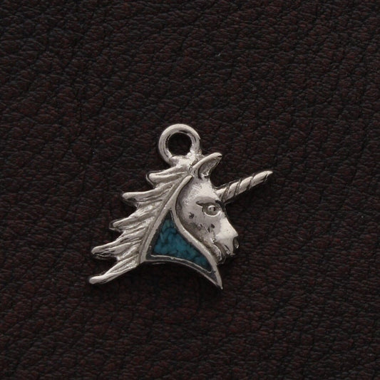 Unicorn Turquoise Mosaic Inlay Charm, 16mm, Vintage, Silver, made in USA, Each