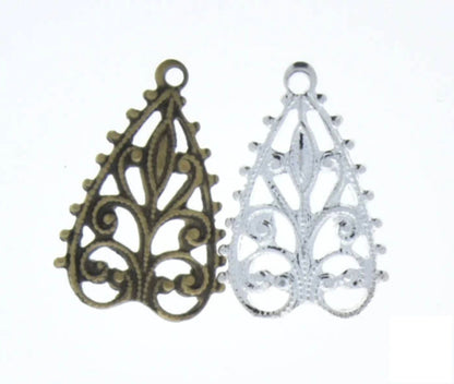 Filigree Earring Drop Charm, 18mm x 12mm, Bright Gold or Silver OR Antique Gold, Pack of 6