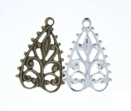 Filigree Earring Drop Charm, 18mm x 12mm, Bright Gold or Silver OR Antique Gold, Pack of 6