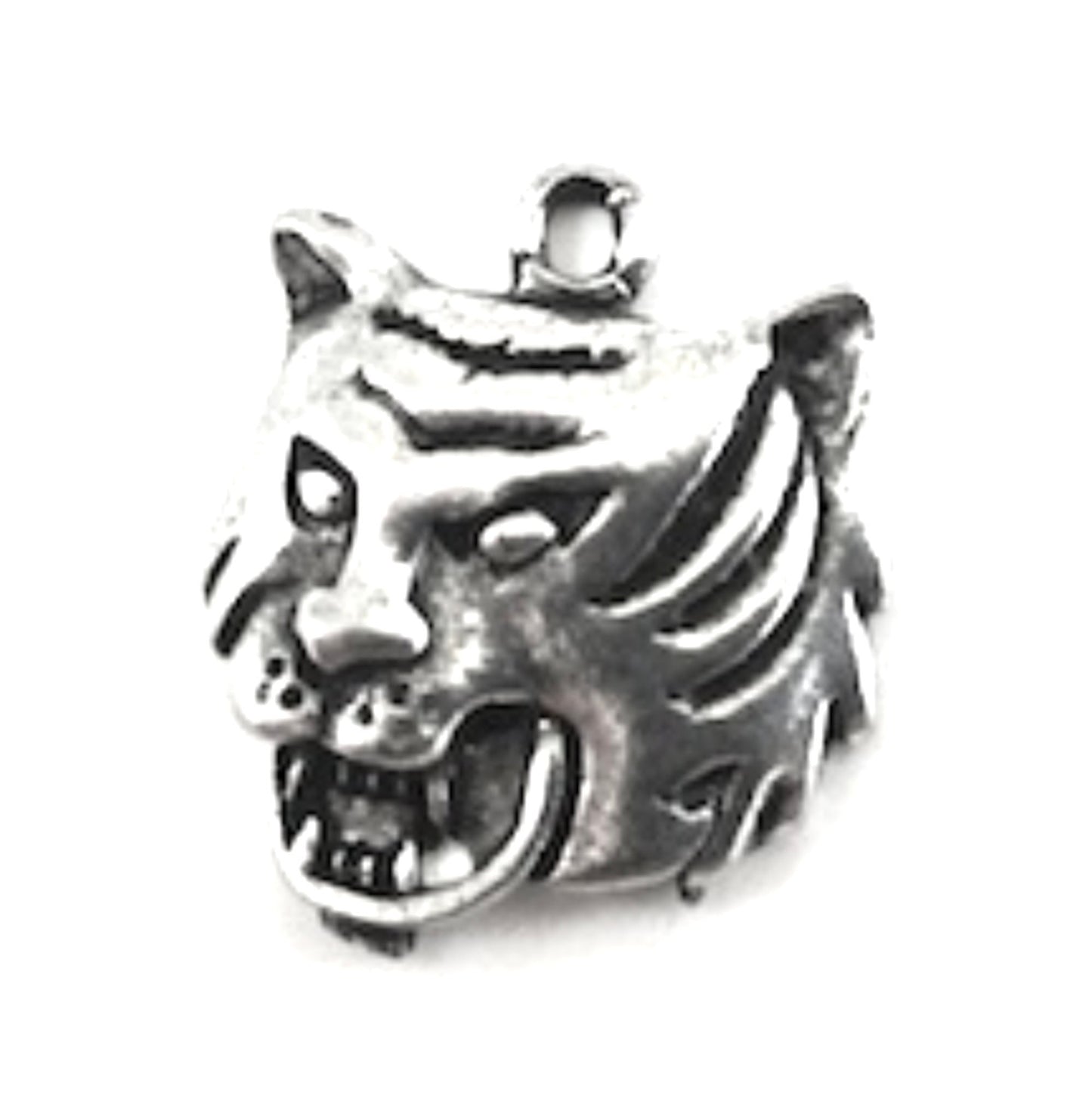 18mm Tiger Head Charm, 3D, classic silver, Made in USA, pack of 6