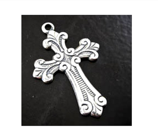 38mm French Fleur-de-lis Cross Charm Pendant, Antique Gold or Classic Silver, Made in USA, Pack of 3