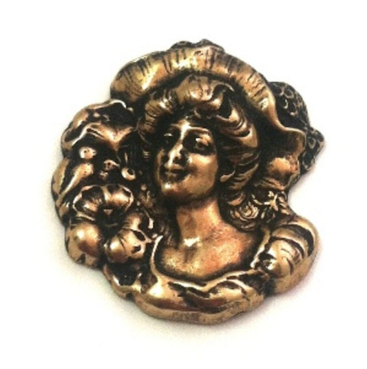 24mm Vintage Lady in Bonnet Stamping, for earrings or buttons, antique gold or shiny silver, Made in USA, pack of 3