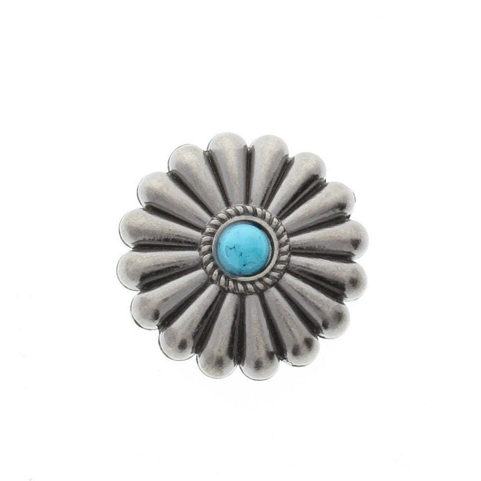 Fluted Round Concho with turquoise, onyx or carnelian, 1.34" wide, Antique Silver or Antique Copper, Chicago screw on back, Each