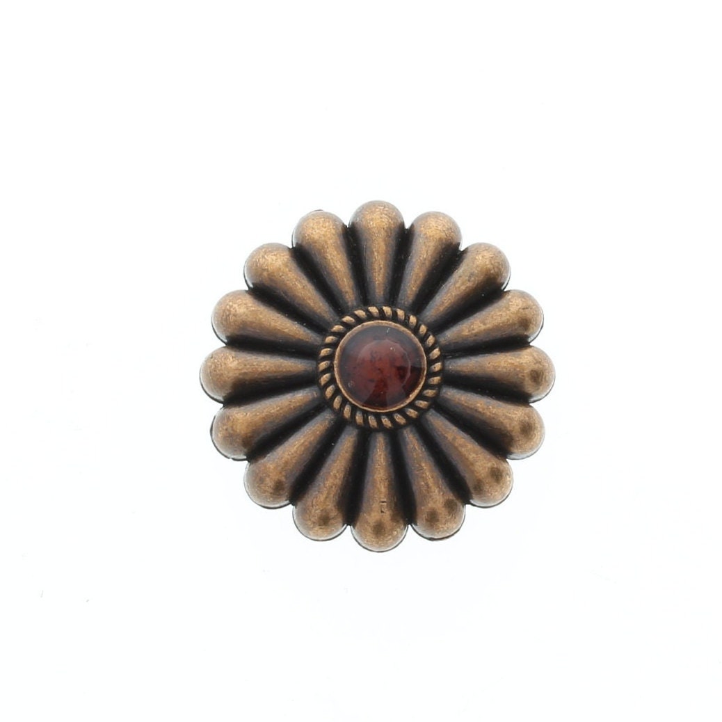 Fluted Round Concho with turquoise, onyx or carnelian, 1.34" wide, Antique Silver or Antique Copper, Chicago screw on back, Each