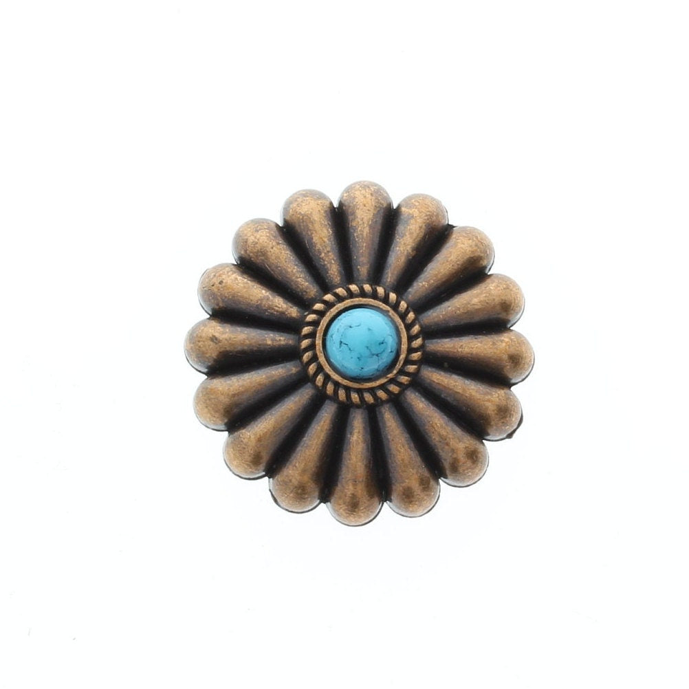 Fluted Round Concho with turquoise, onyx or carnelian, 1.34" wide, Antique Silver or Antique Copper, Chicago screw on back, Each