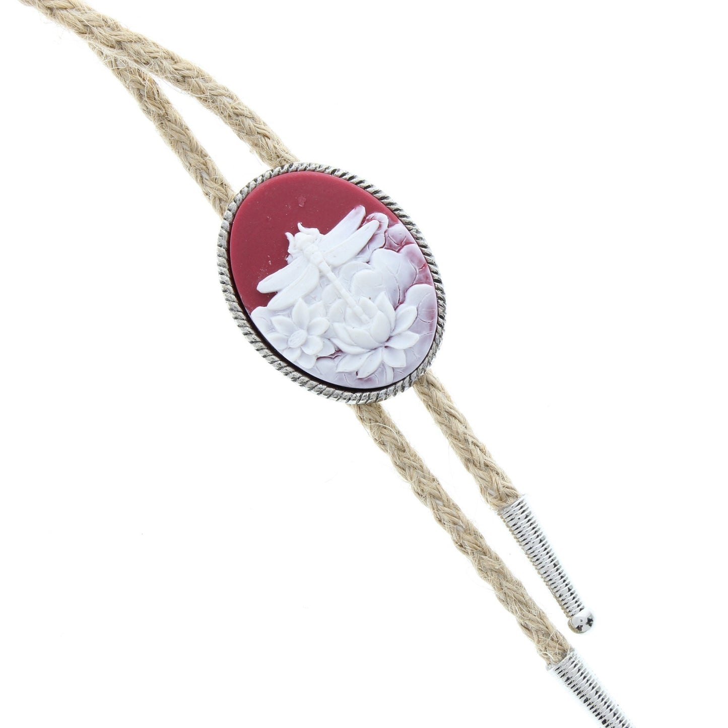 DragonFly Cameo Bolo Tie Lariat with matching tips, fabric gift bag, antique silver, red and white 36" Jute cord, Made in USA, Each