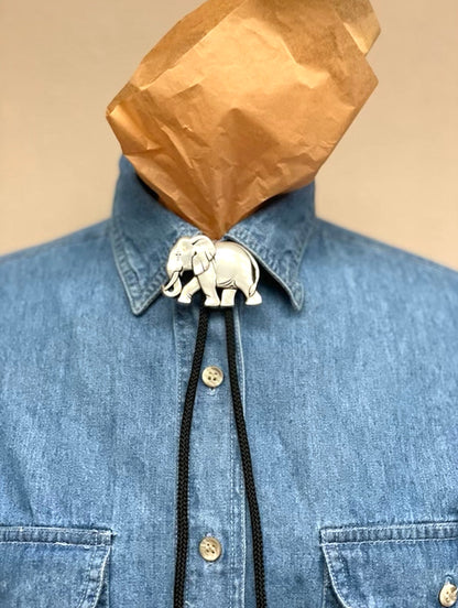 Elephant Bolo Tie in gift bag, tips, Antique Silver or Faux Ivory on black, red, turquoise, jute or olive green cord, made in USA, Each