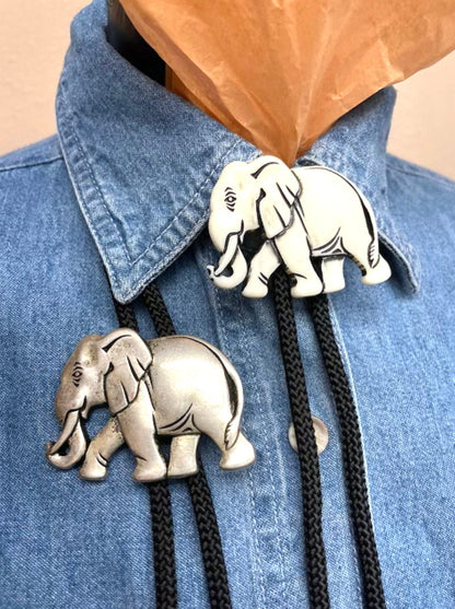 Elephant Bolo Tie in gift bag, tips, Antique Silver or Faux Ivory on black, red, turquoise, jute or olive green cord, made in USA, Each