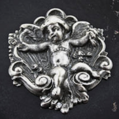40mm Vintage Victorian Throned Cherub, concave on back, antique gold, antique silver, or classic silver, Made in USA, pack of 2