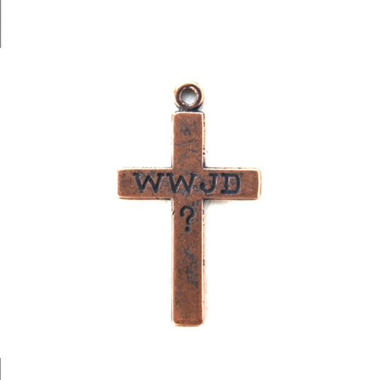 12mm x 18mm WWJD "What Would Jesus Do" Cross Charm, Antique Copper, Made in USA, pack of 6
